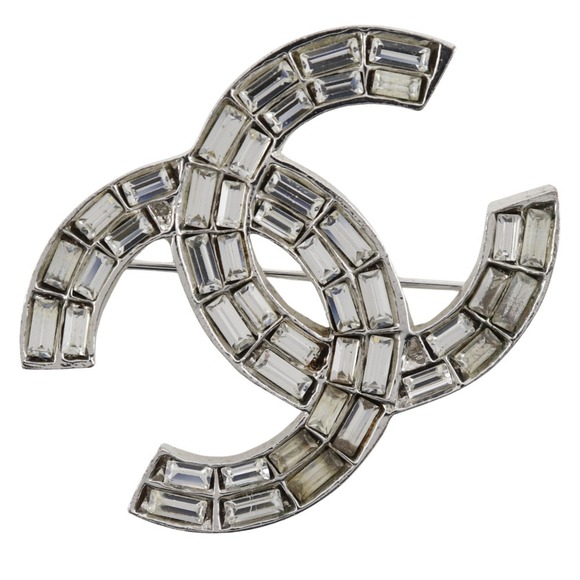 CHANEL COCO Mark Brooch x Rhinestone 2001 Silver 01P Approx. 19.0g Women's - Picture 1 of 6